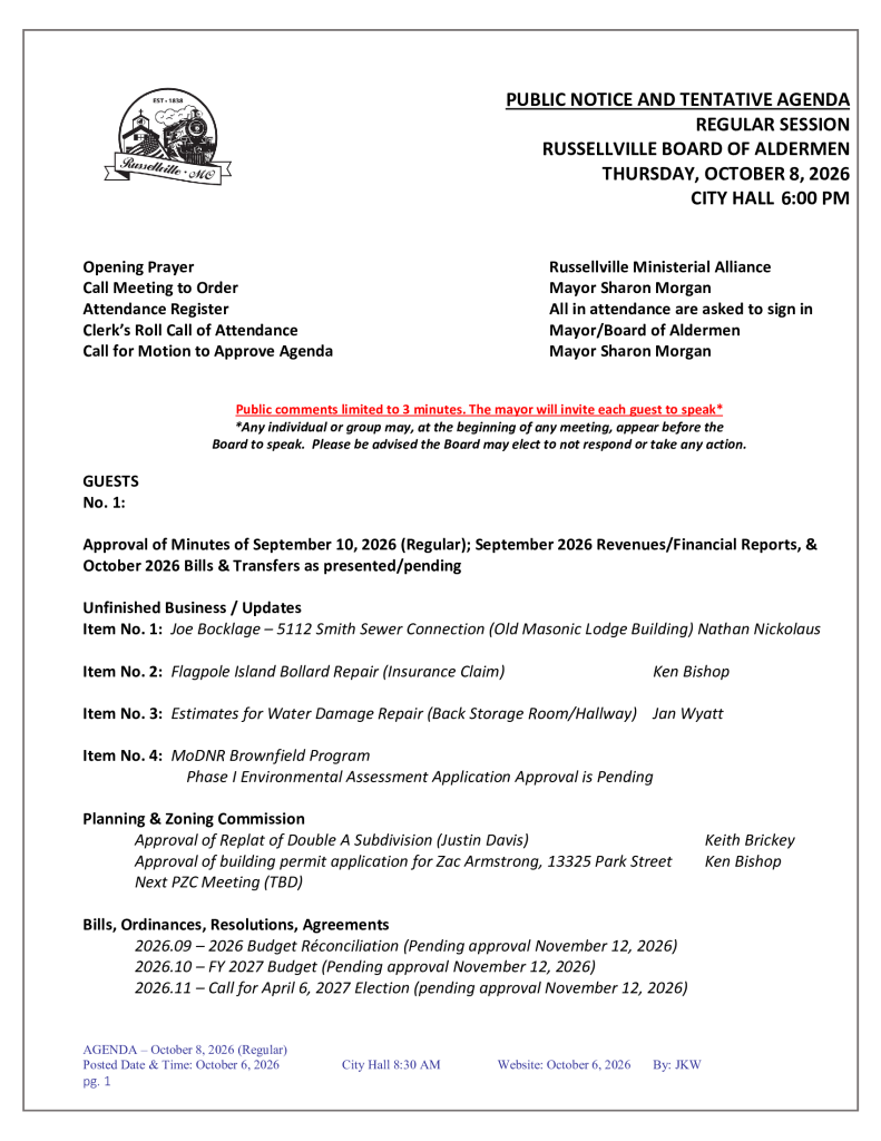 Public Notice and Tentative Agenda, Regular Session, Russellville Board of Aldermen, October 8, 2026, page 1